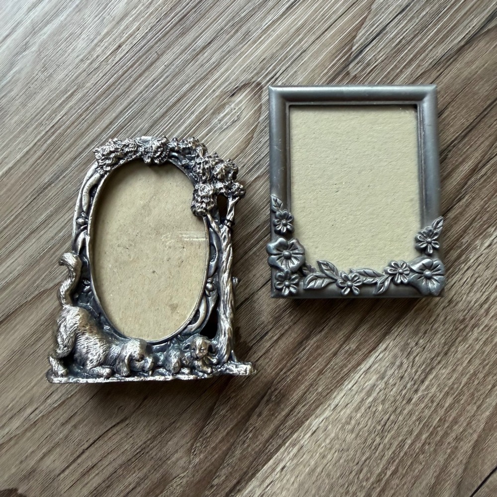 Vintage Miniature Silver Tone Picture Frame Set Dog Puppy Floral Ornate 2pc